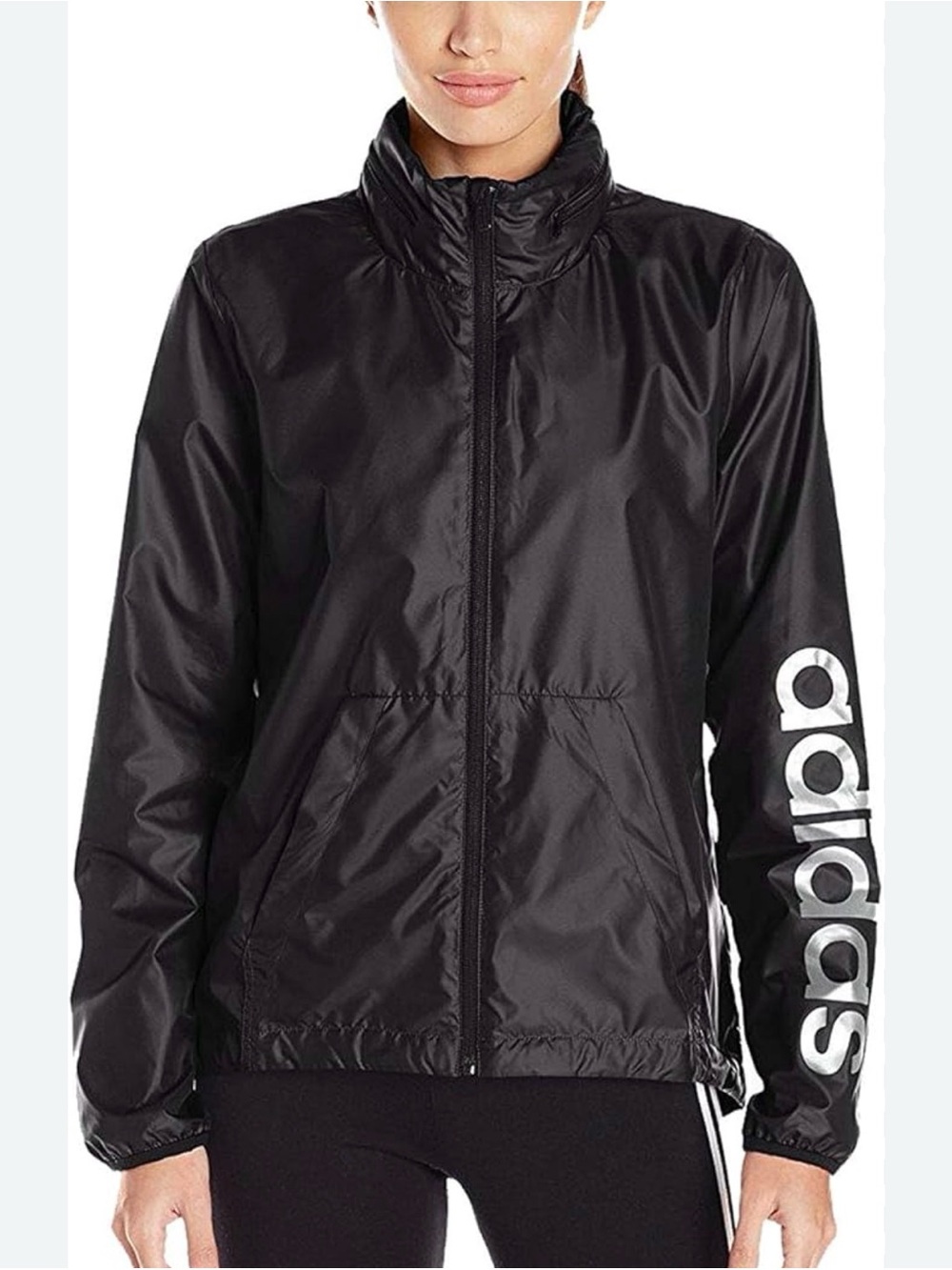 Adidas Black Windbreaker Lightweight Jacket with Hood White Sleeve Logo - Small